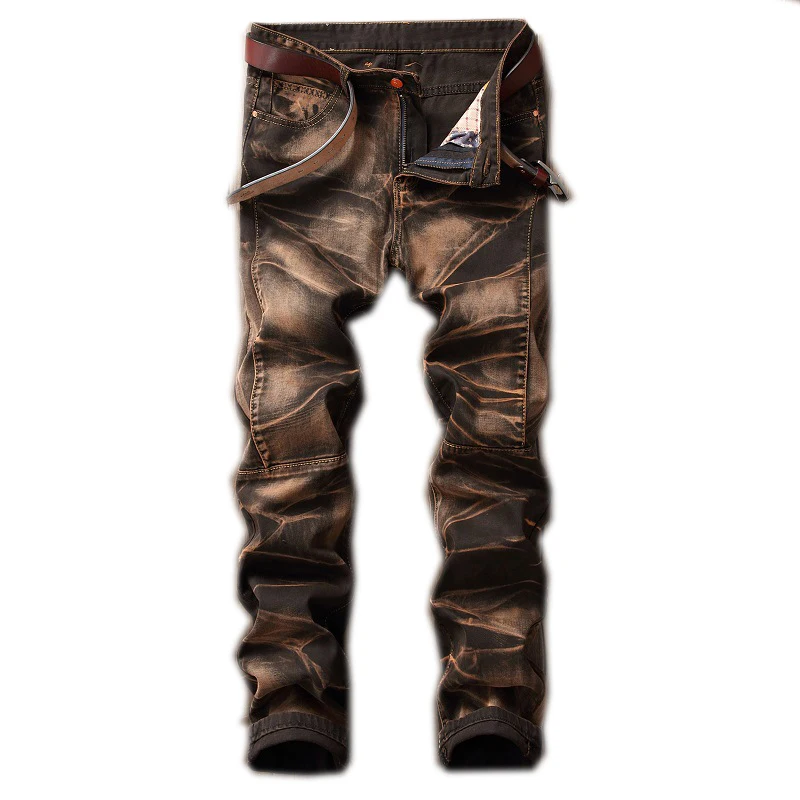 2021 High Quality Men  Casual Jeans Coated Slim Straight Pleated Biker Jeans Pants Male Denim Casual Pants Plus Size 42