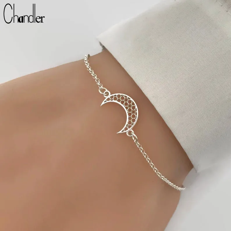 Chandler Origami Silver Plated Crescent Moon Bracelet For Women Hollow Out Body Chain Slim Bangle Anklet Summer Jewelry