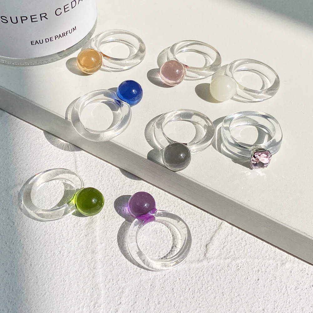 New Colorful Transparent Resin Acrylic Crystal Rhinestone Simple Geometric Square Round Rings Set for Women Fashion Jewelry