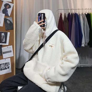 

Lamb Hair Hoodies Men's Fashion Retro Solid Color Casual Hooded Sweatshirt Men Streetwear Wild Hip Hop Loose Hoodie Mens Hoody