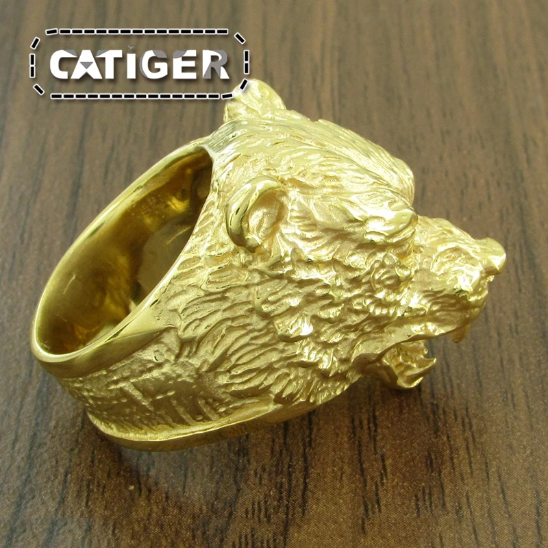 Punk 316L Stainless Steel Bear Animal Ring For Man Silver color Golden Brown Bear Head Ring Jewelry 3