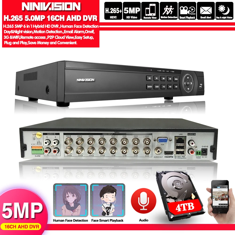 Face 16 Channel AHD DVR 16CH 1080P 5MP 2592*11944 Digital Video Audio Recorder Hybrid DVR NVR HVR 6 In 1 Alarm Security System