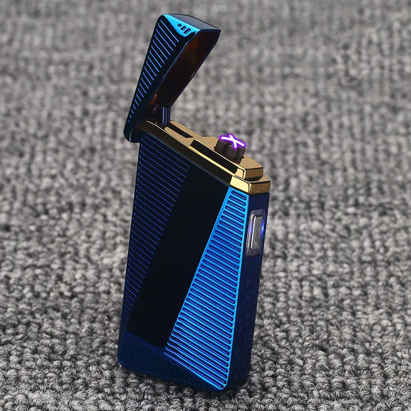 Blue Мода цинковый сплав электрическая зажигалка с подключением к USB ветрозащитный плазменной Двойной Дуговая сигаретная Зажигалка электронный светодиодный сенсорный турбо-зажигалка Мужские подарок - Цвет: Blue