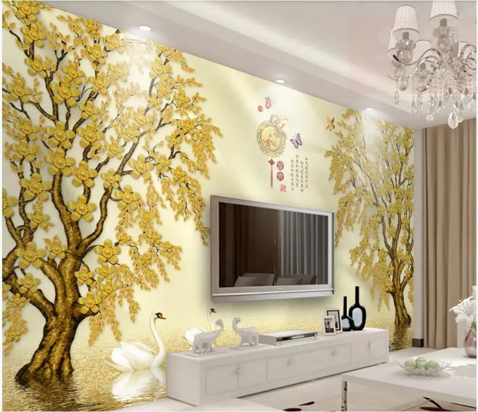 WDBH 3d photo wallpaper custom mural Golden tree swan lake fish background home decor living room wallpaper for walls 3 d