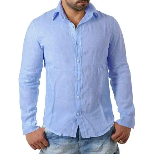 Light Blue Однотонные мужские рубашки из хлопка и льна, мужские рубашки с отложным воротником и длинным рукавом, мужские рубашки - Цвет: Light Blue