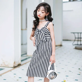 

2020 Summer Elegant Teenager Girls Dresses Kids Princess Party Frocks Fashion Stripe Evening Sling Dress For 6 8 10 12 14 16 Yrs
