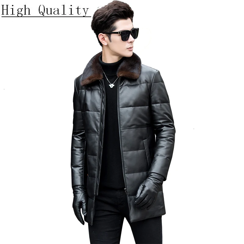 Мужская зимняя куртка из натуральной кожи на утином пуху, мужская куртка из овчины, Воротник из меха норки, Chaqueta Cuero Hombre 8027 KJ1503