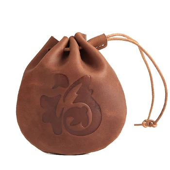 

Mini Drawstring Coin Purse Crazy Horse Leather Chinese Character Fu Solid Color Wallet