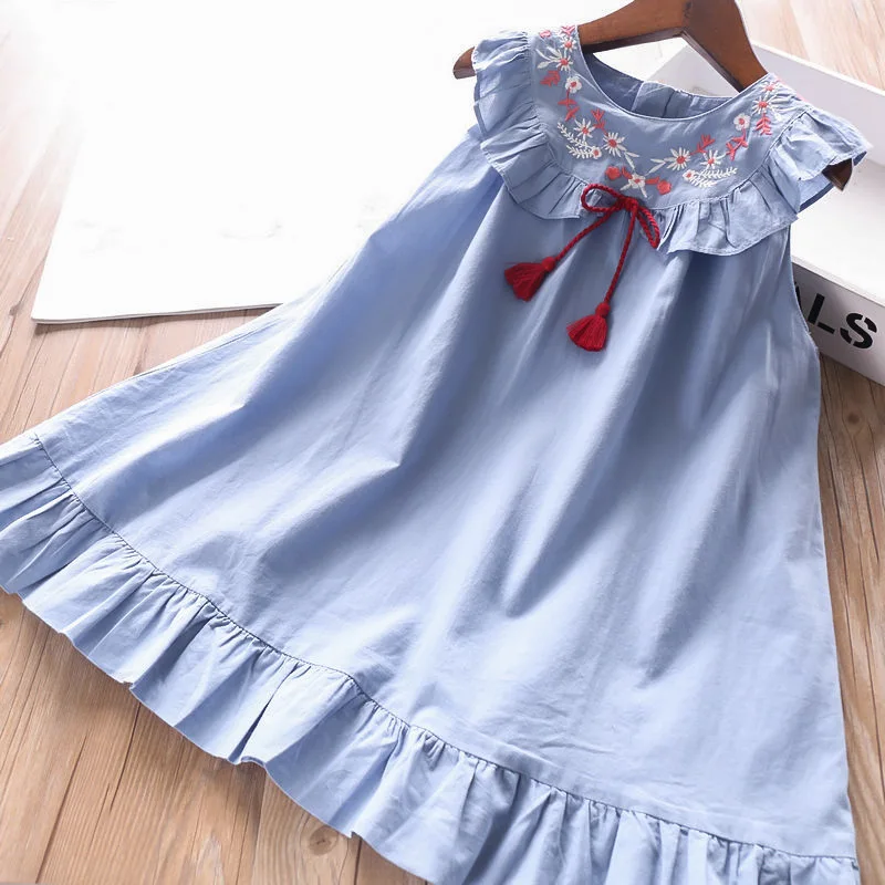 Ins/милое детское джинсовое платье без рукавов с кисточками для девочек; винтажное платье в западном стиле; Лидер продаж; Летние праздничные платья с милыми оборками