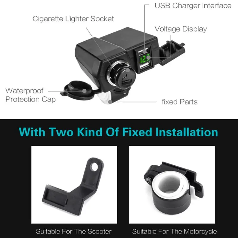 Прикуриватель для мотоциклов Руль Зеркало 5V 2.1A Dual USB Зарядное устройство вольтметр
