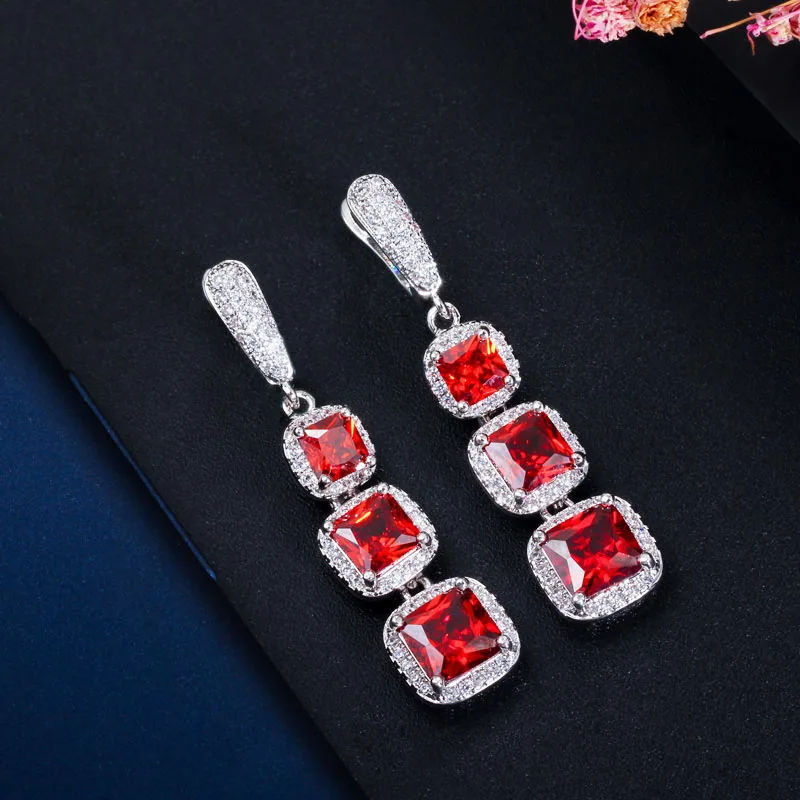 silver red CWWZircons высокое качество квадратной огранки кубический циркон синий зеленый длинные висячие Huggie серьги-кольца Модные женские ювелирные изделия CZ639 - Окраска металла: silver red