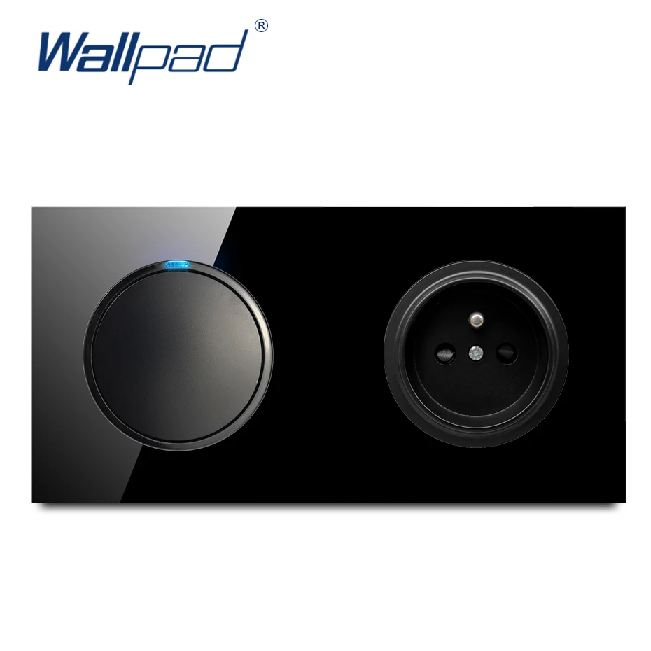 Wallpad 1 Gang 2 Way EU 16A французская розетка кристально закаленное чистое черное стекло