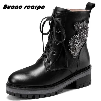 

2020 New Martin Boots Punk Round Toe Square Heels Women Ankle Boots Classic Western Shoes Woman Genuine Leather Party Shoes