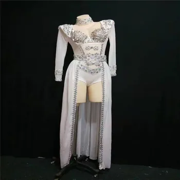 

T29 Singer stage dance costumes sequins trailing dress white crystals mesh bodysuit party wears evening skirt club show disco dj