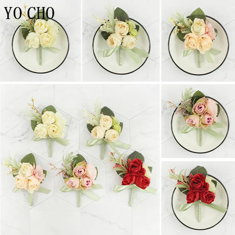 

YO CHO Artificial Silk Plastic Rose Flowers Groom Boutonniere Man Pin Suit Corsage Bridal Wedding Wrist Flower Party Decorations