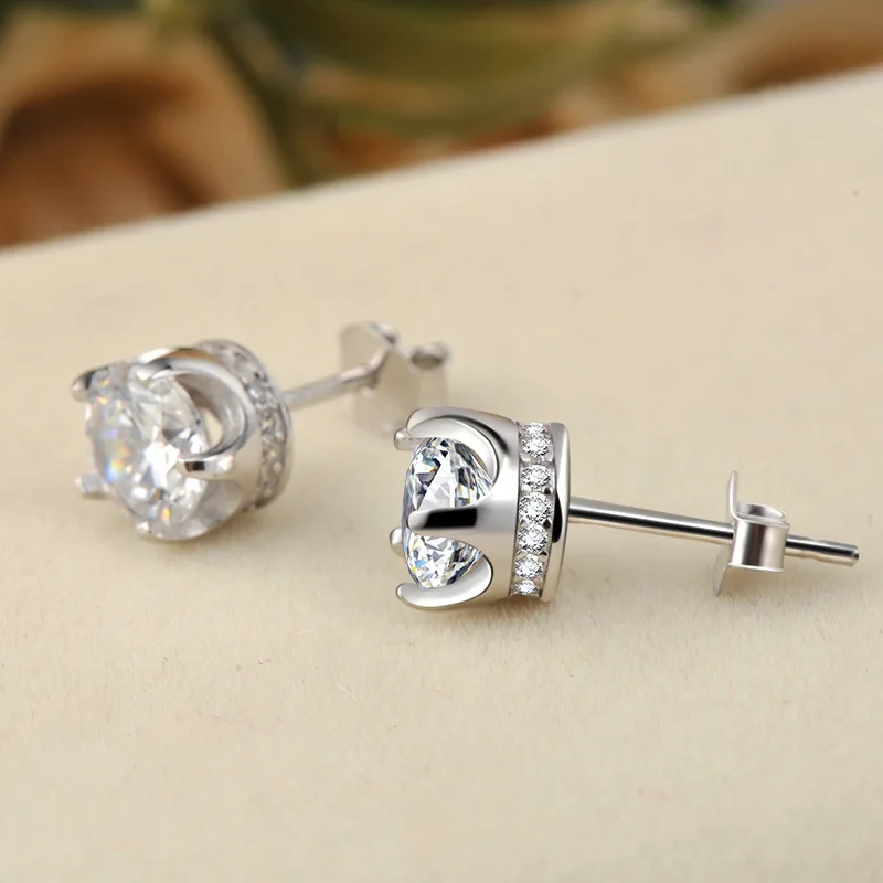 925 пробы серебряные Кристальные серьги-гвоздики с короной для женщин, серьги для пирсинга, модные ювелирные изделия, серьги eh1314 - Окраска металла: white