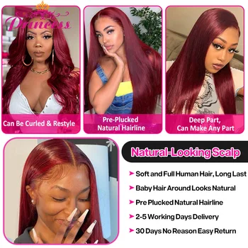 Burgundy 13x4 HD Transparent Lace Front Human Hair Wigs 99J Straight Lace Frontal Wig For Women