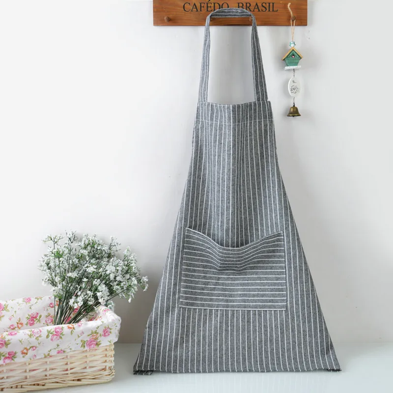 grey black Большой карманный хлопковый пеньковый фартук из хлопка и льна, кухонный фартук для приготовления пищи, цветочный магазин, оборки, рабочий чистый фартук, женский халат - Цвет: grey black