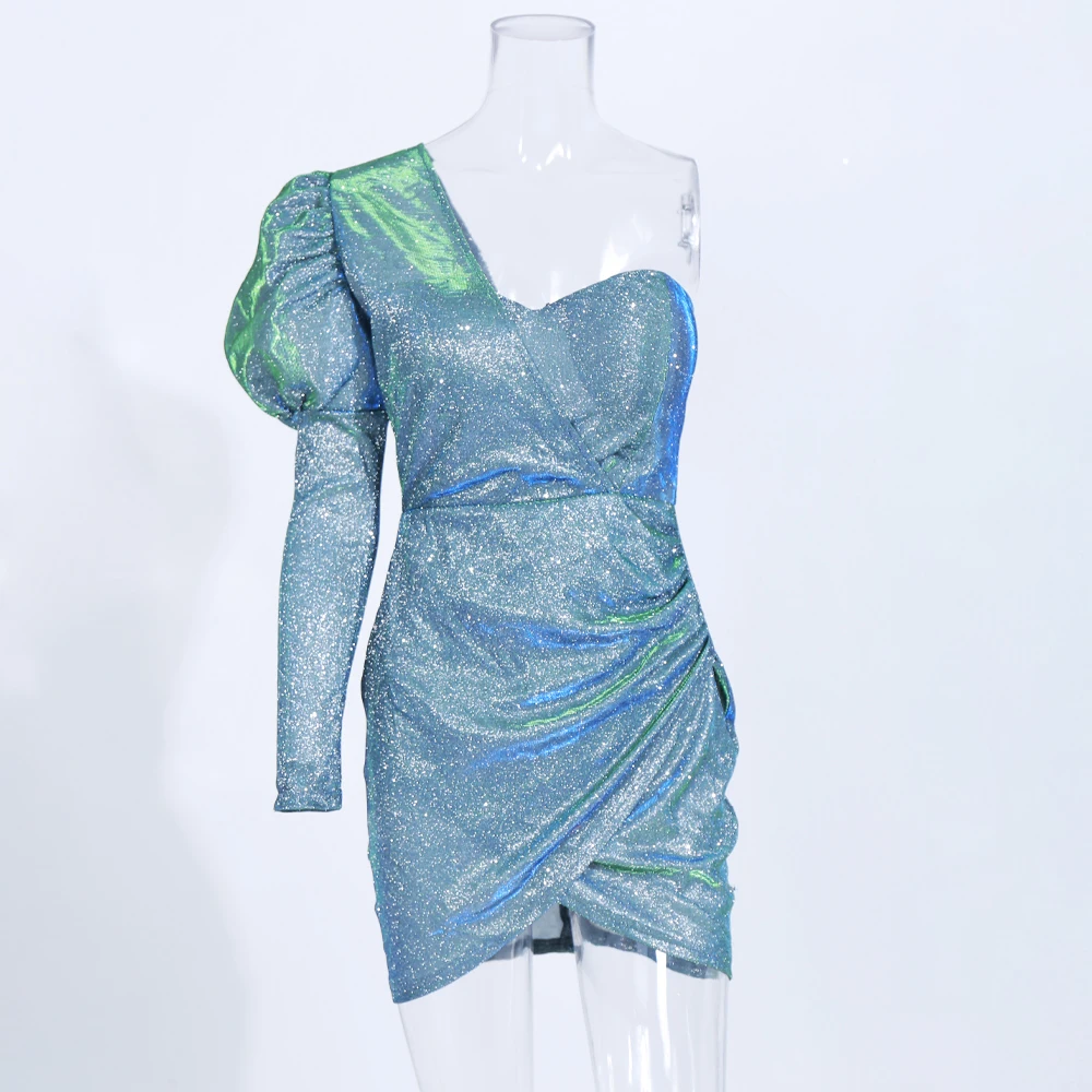 Yesexy, сексуальные блестящие женские мини-платья без бретелек на одно плечо с длинным пышным рукавом, плиссированные женские платья с открытой спиной VR19878 - Цвет: Небесно-голубой