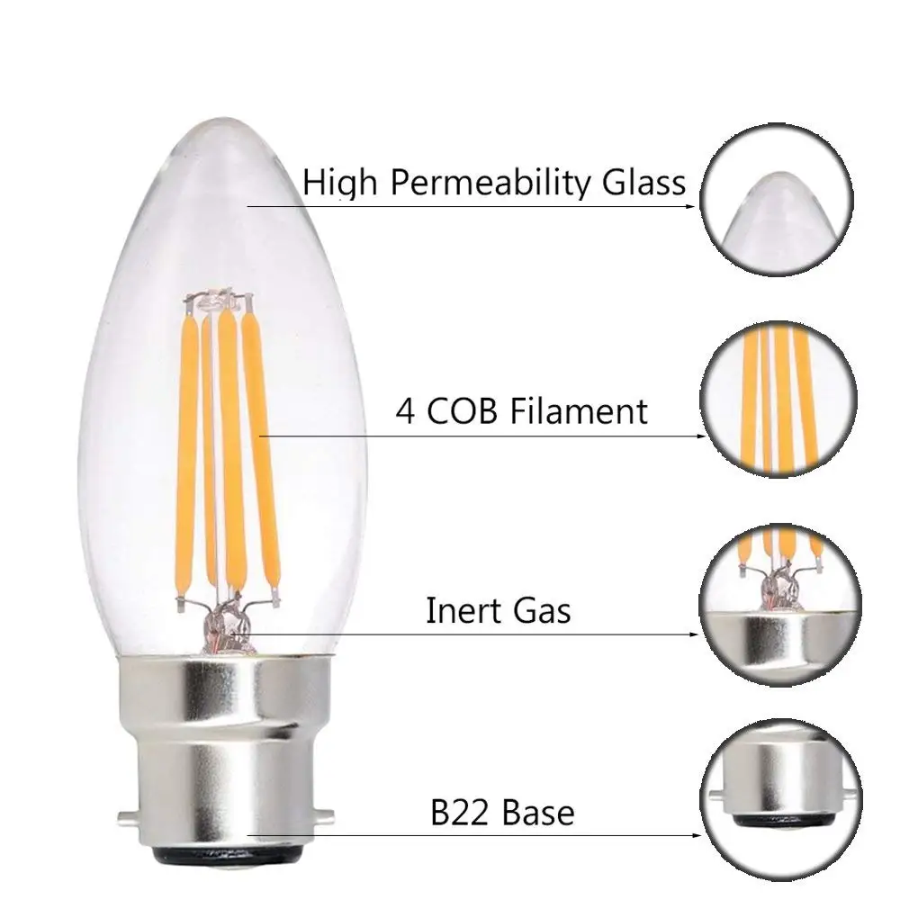 LED 캔들 필라멘트 전구 6W B22 C35 디밍 가능 베이어닛 빈티지 에디슨 웜 화이트 2700K 콜드 6000K 60W 백열등과 동일
