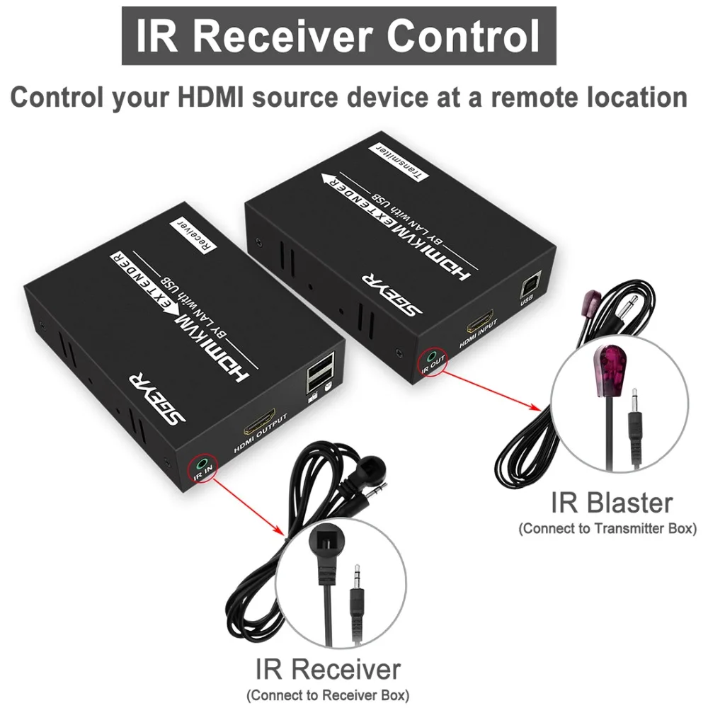  395ft HDMI KVM Extender 120m by Single CAT5e/6 IR Ethernet SGEYR HDMI USB Keyboard Mouse K/M Extens