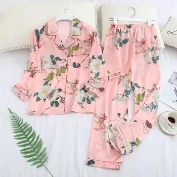 

2019 Spring Printing Pattern Women Pajama Set Rayon Sleepwear Long Sleeve Trousers Two Paper Suit
