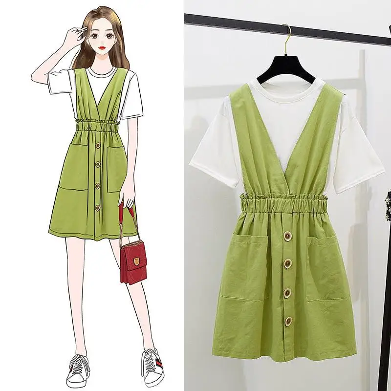 

Cute Two-Piece Set Simple Solid Color T-shirt Tops + Green Suspender Strap Skirt Pocket A- line Full Skirt