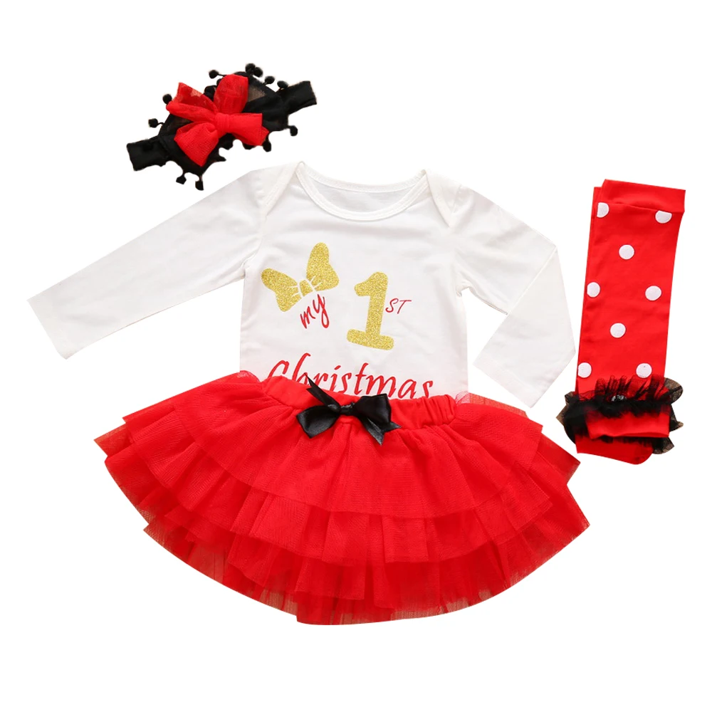 Комплект из 4 предметов «Мой первый Рождественский наряд» Рождественская одежда для малышей Детский костюм с принтом+ юбка+ 2 наколенника+ повязка на голову, рождественские наряды для малышей, D30 - Цвет: Красный