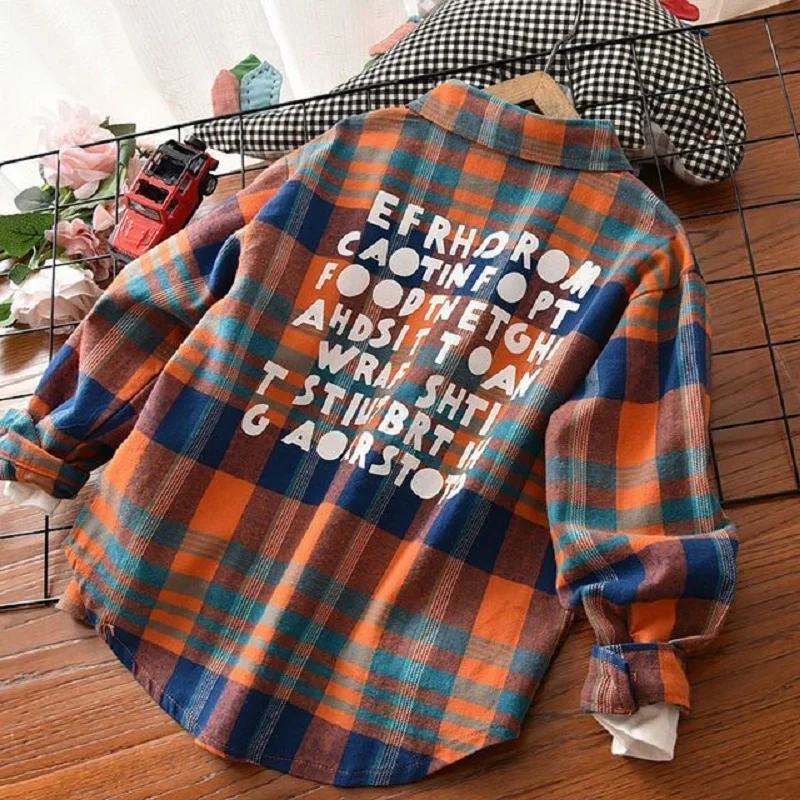 Boys' shirt Spring and autumn Style boys' plaid lapel long-Sleeve plaid Shirt Boys' letter Shirt Casual wear