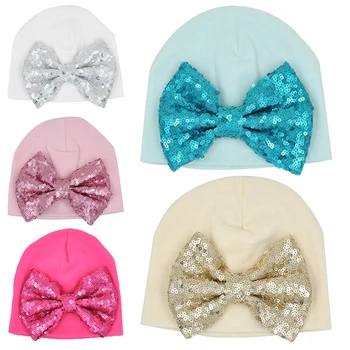 

Cute Cotton Beanie Hats Newborn Sequins Bow Toddler Turban Head Cap 5 Colors Toddler Headwear for Autumn Baby Soft Hat Cap