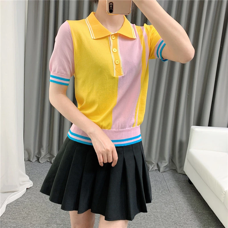 Polos de mujer delgados, camiseta de colores contrastantes, novedad de verano 2020, Polo con contraste caramelo, camisetas finas de manga corta para mujer, MZ 027|Camisas - AliExpress