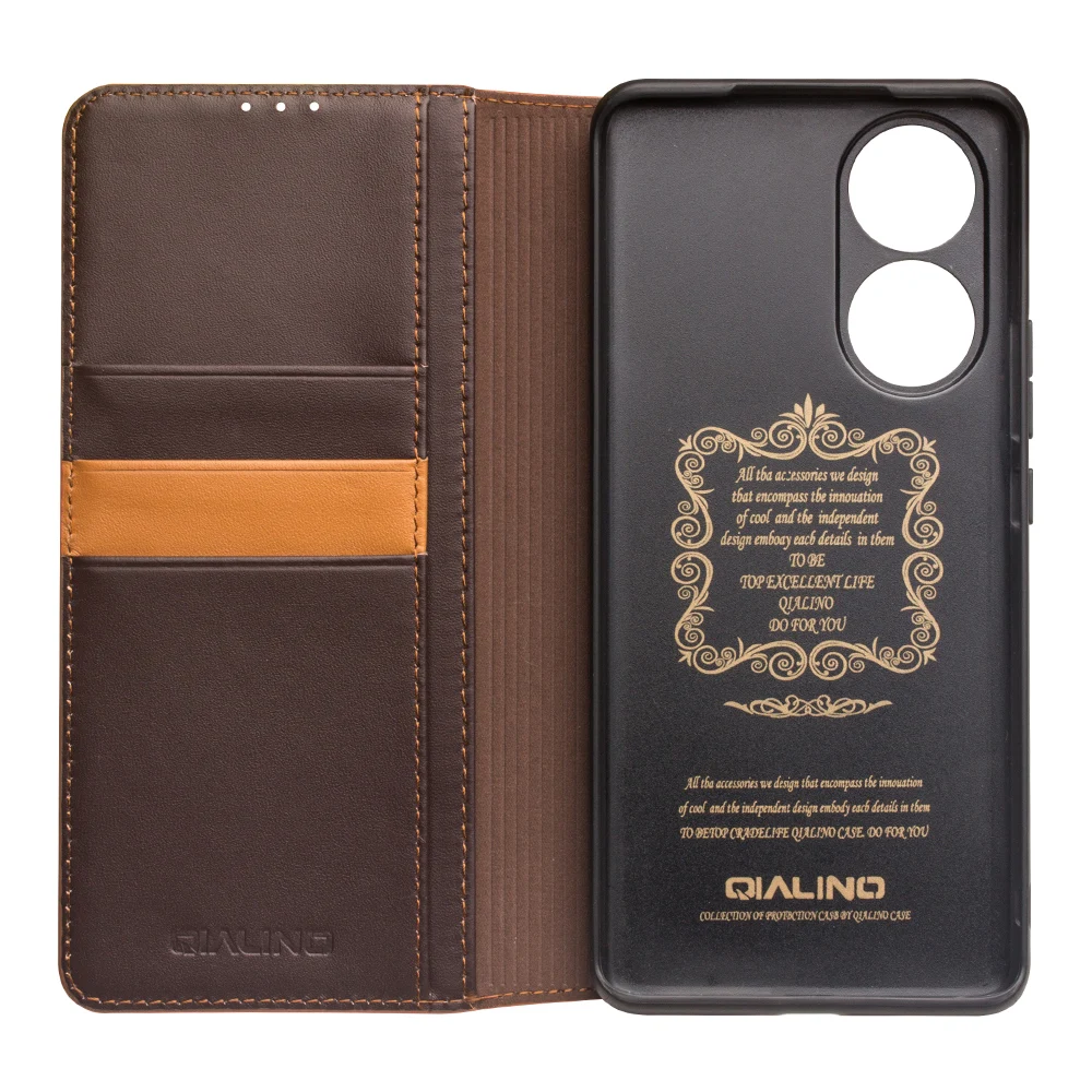 QIALINO Genuine Leather Bracket Function Flip Case for Huawei Honor50 Pure Handmade Phone Cover with Card Slots for Honor 50 Pro