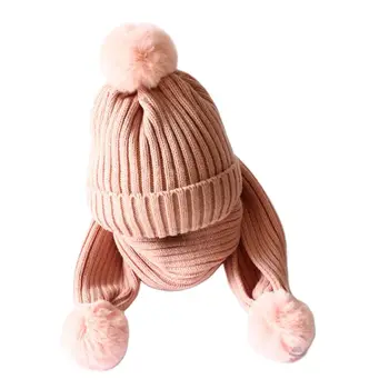 

Children Scarf Hat Set Knitted Fluffy Pompom Solid Color Kids Head Cap Shawl