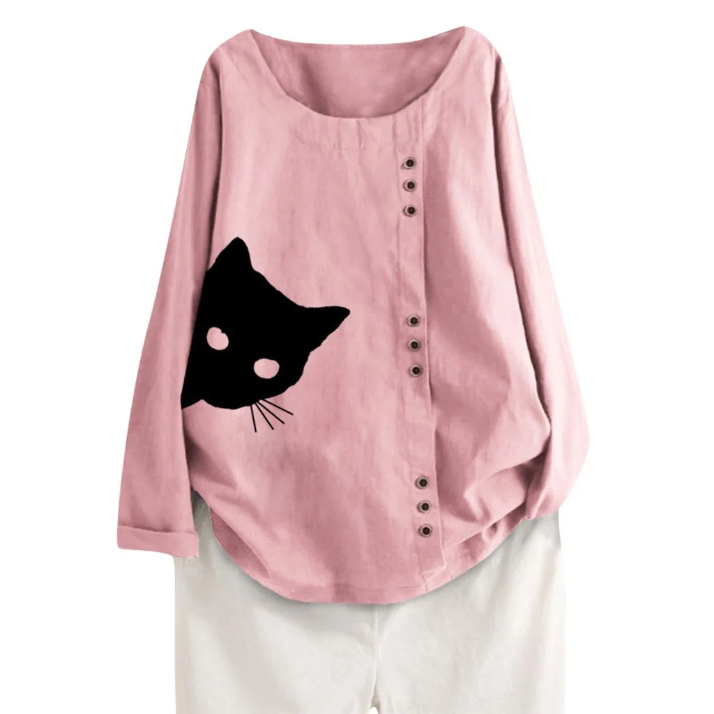 Pink B Женская блузка с длинными рукавами из хлопка и льна, кафтан, женские мешковатые рубашки топы с принтом рыбы, женские блузки, Mujer De Moda doudoulu - Цвет: Pink B