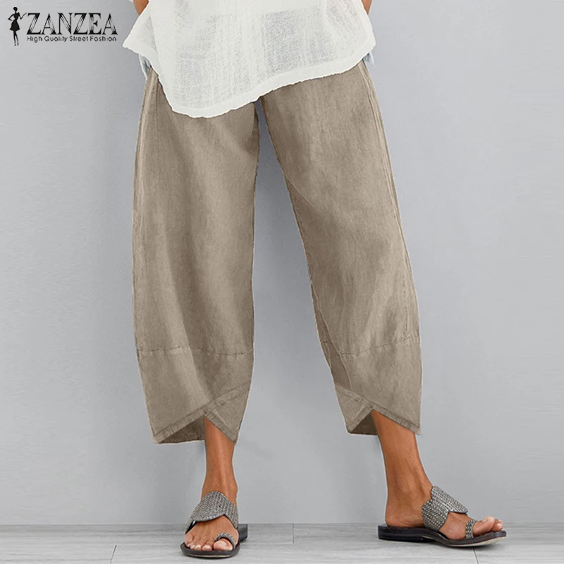 2020 Summer Print Asymmetrical Cropped Pants ZANZEA Casual Elastic Waist Long Tousers Women Vintage Cotton Turnip Pantalon Robe 2020 Summer Print Asymmetrical Cropped Pants ZANZEA Casual Elastic Waist Long Tousers Women Vintage Cotton Turnip Pantalon Robe