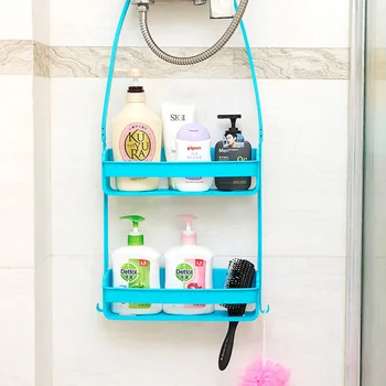 

Bathroom Double Layers Hanging Shelf Bath Supplies Storage Rack Plastic DIY Shower Organiser Holder Tidy kitchen storage