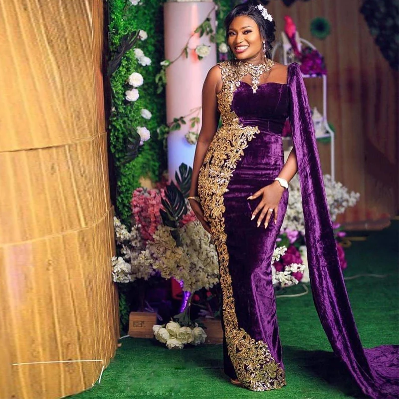 Фиолетовый o-образный вырез Русалка Aso Ebi вечерние платья кружева бисером бархат платье выпускного вечера плюс размер Африка платья