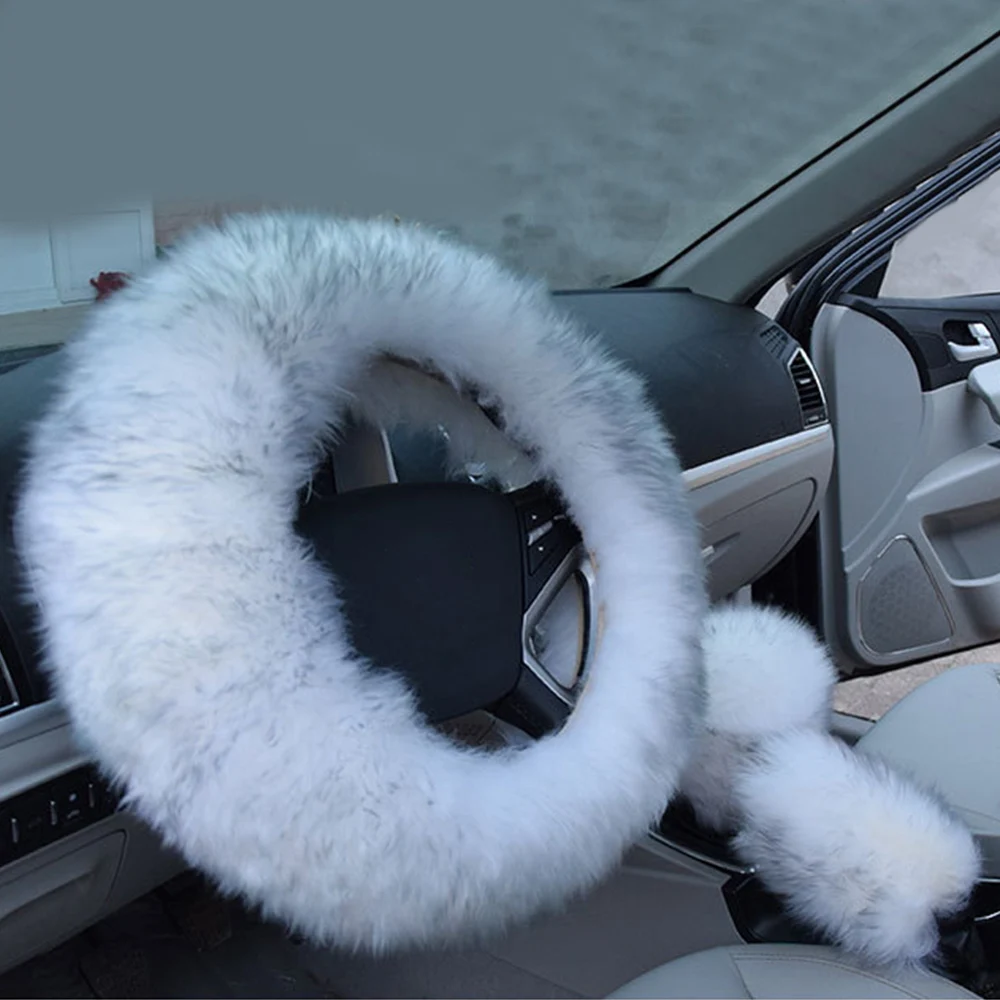 3 шт. автомобильный интерьер длинный плюшевый теплый чехол на руль шерстяной ручной тормоз автомобильный аксессуар авто мех - Название цвета: Gray