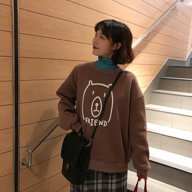 3 цвета, новинка, Harajuku, кавайный мультяшный медведь, принт, Женская толстовка, буквы, Свободный пуловер, топы, плюс бархат, свитшоты для женщин - Цвет: Коричневый