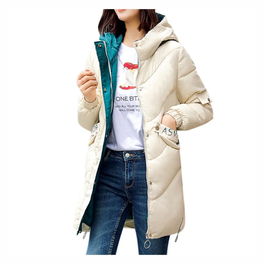 Осень-зима распродажа Для женщин пуховик карман пальто с капюшоном из хлопка пуховик Длинные парки, детская верхняя одежда, теплые куртки, пальто, одежда - Цвет: Beige