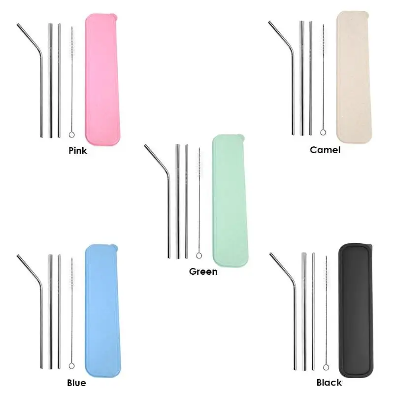 5pcs Colorful Stainless Steel Reusable Drinking Straw Bent Straight Drink Straws with Cleaner Brush