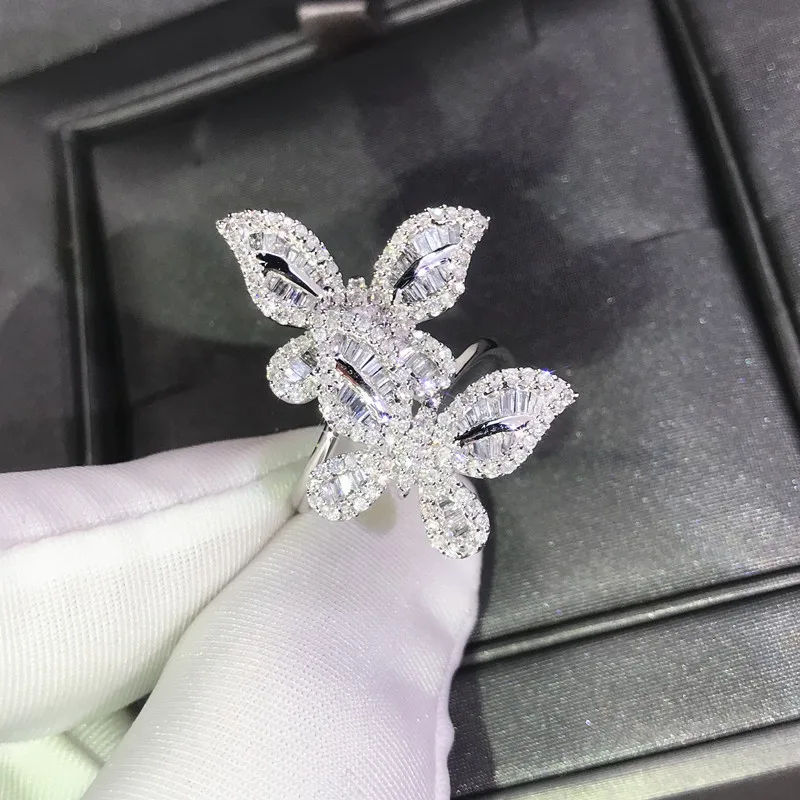Серебро 925 пробы Кольцо C настоящим бриллиантом AAA 2 карата обручальное кольцо для красивых женщин две бабочки белый топаз драгоценный камень ювелирные кольца