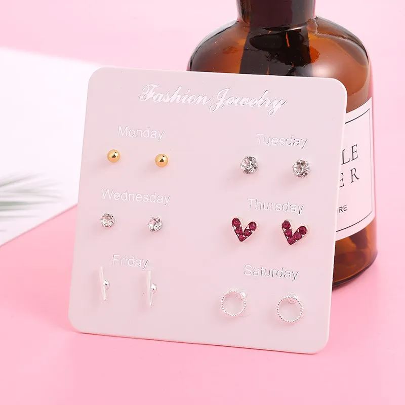 6 Pairs/set, New Earrings for Women Stars Heart Crytal Cute Earrings Fashion Jewelry Monday To Saturday 6 Pairs Earrings - Metal Color: E2