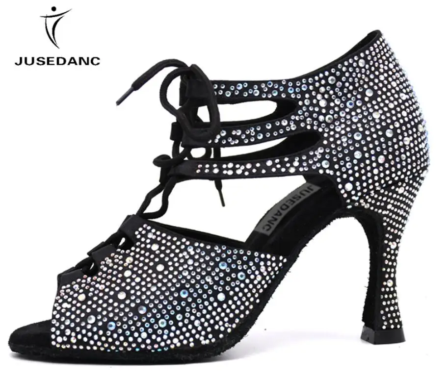 black heel 9cm Танцевальная обувь для латинских танцев; женская танцевальная обувь на низком каблуке; Танцевальная обувь для девочек; обувь для джаза; женские блестящие стразы; JuseDanc - Цвет: black heel 9cm