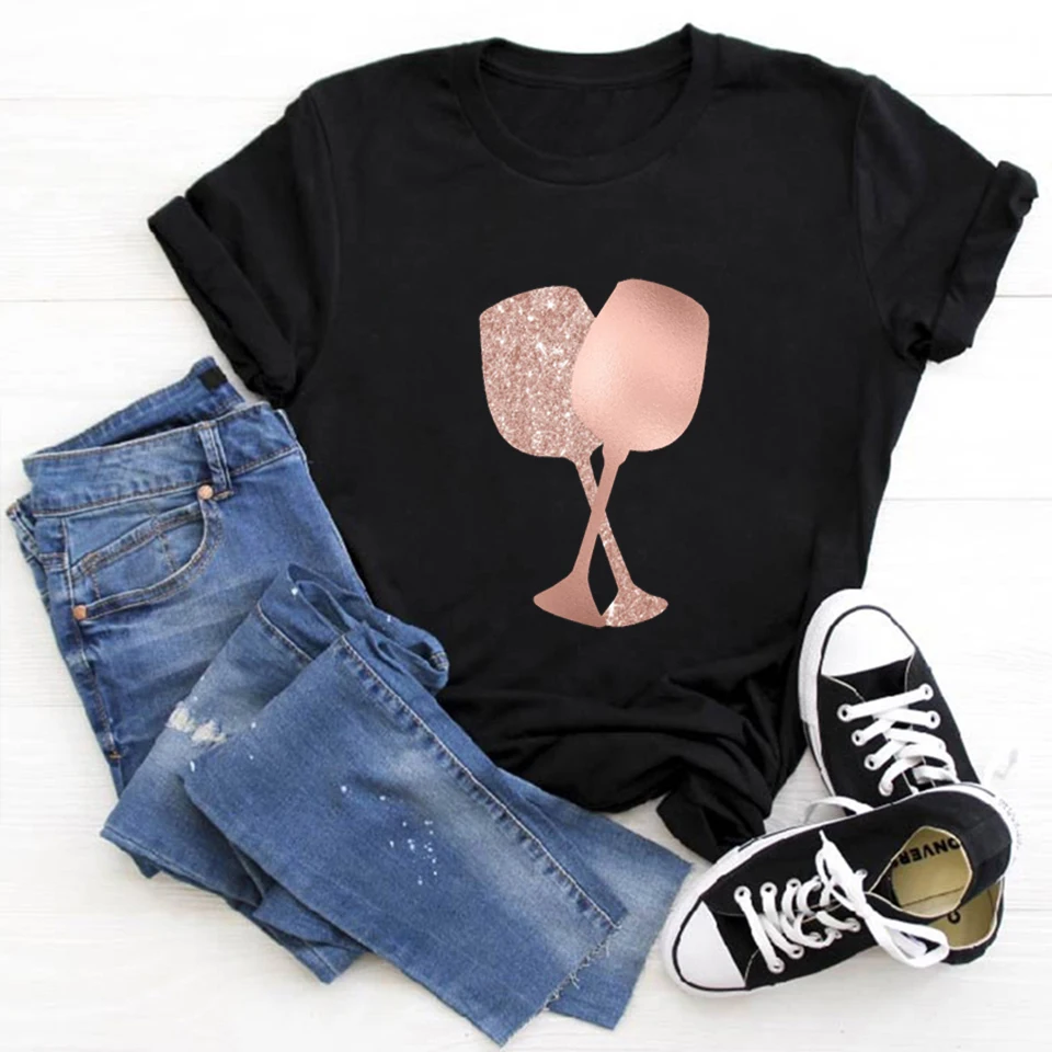 Camisetas Tee Tops T-Shirt Women Rose Gold Wine Glasses Print T-Shirt Black Casual Ladies Tshirt 2020 Summer T Shirt Female Tees