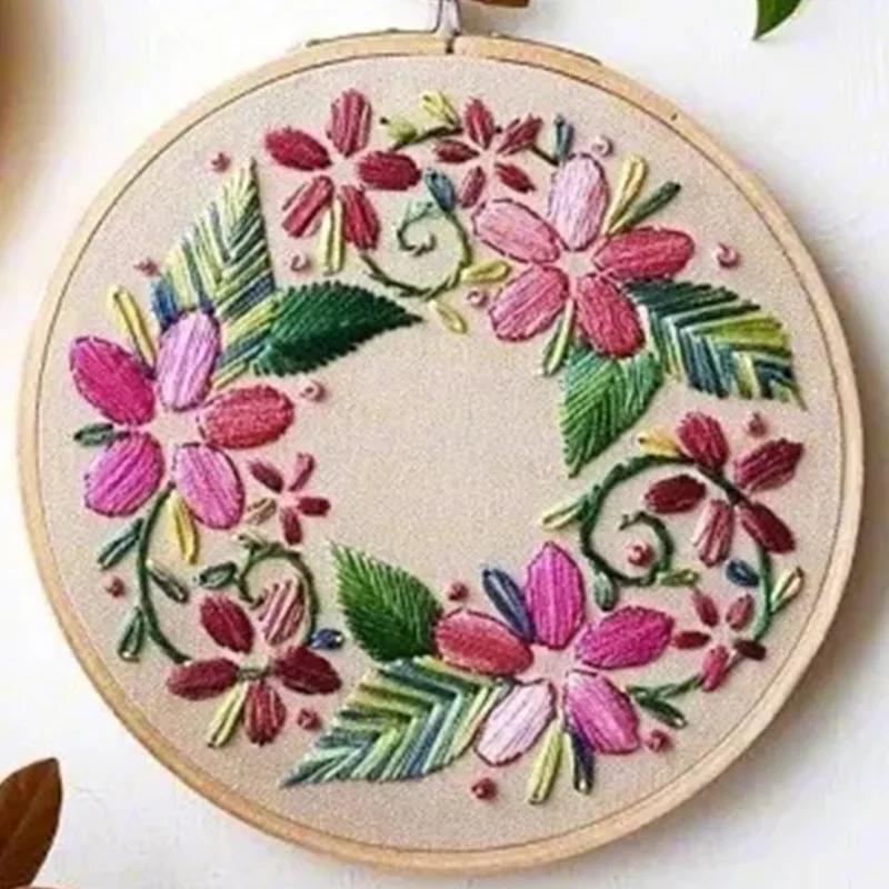 20cm Flower Pattern Embroidery Kit with Hoop for Beginner Needlework Kits Cross Stitch Sewing Art Craft Painting Home Decoration