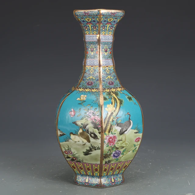 Enamel porcelain vase Jingdezhen ceramic Hexagonal Flower and bird pattern vase ornaments collection antique vase authentic Anti 3