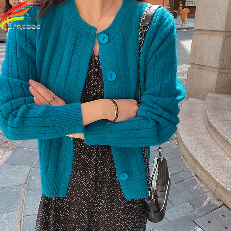 

New 2020 Autumn Winter Women's Cardigans Casual O Neck Knitted Single Button Cardigan Sweater Women Rib Knit Top Woman