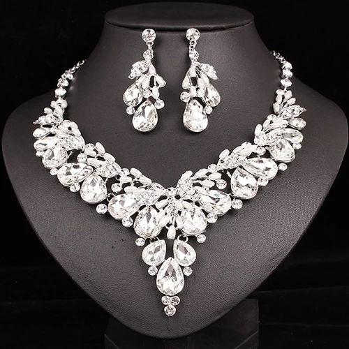 white in silver Модное ожерелье с кристаллами, серьги, индийский роскошный свадебный ювелирный набор, для свадьбы, вечеринки, выпускного, бижутерия, рождественский подарок для женщин - Окраска металла: white in silver