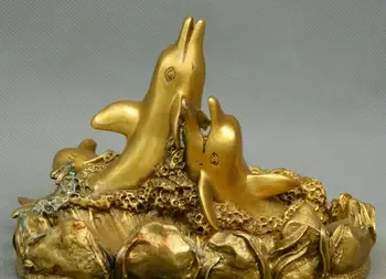 

China fengshui old Bronze two delphinids dolphin Statue smoking ash pan ashtray